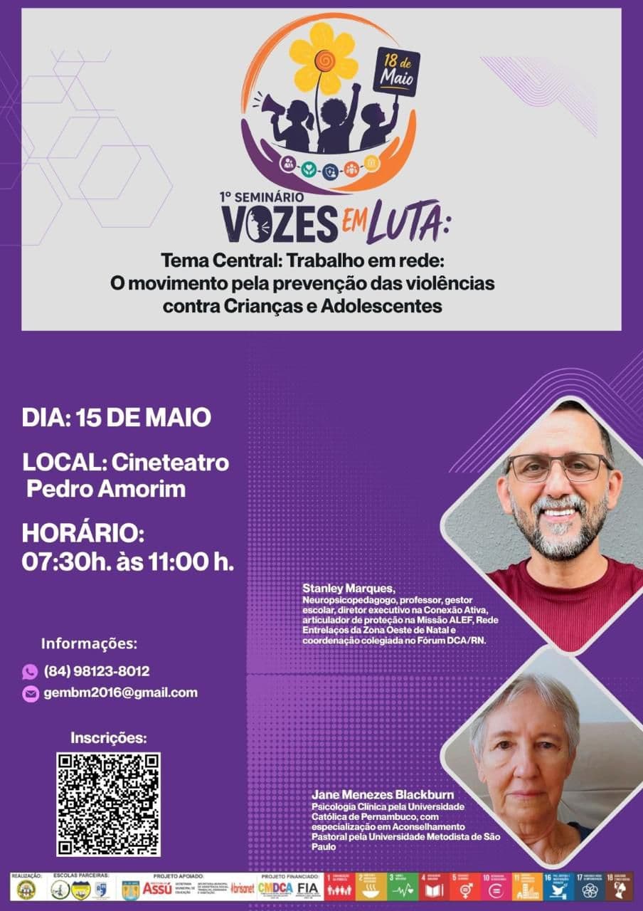 Cartaz do 1º Seminário Vozes em Luta com tema, data, local, horário e participantes do encontro.